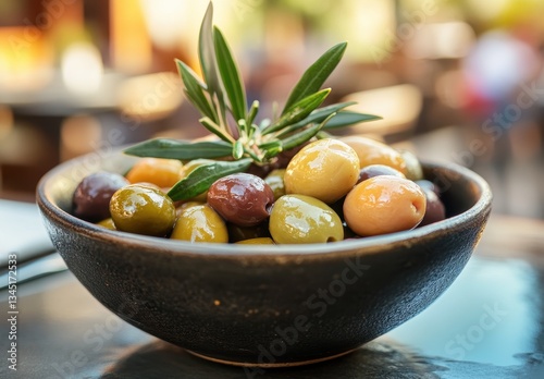 Assorted Variety of Fresh Olives in a Decorative Bowl with Olive Leaves Presented on a Rustic Table Setting Outdoors