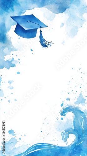 A watercolor graduation cap design featu a blue academic hat and flowing water waves creates a stunning frame perfect for invitations announcements or celebratory cards.