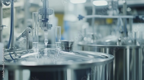 A pharmaceutical factory, close-up of high-tech equipment mixing chemicals in stainless steel vats, clear glass tubes and automated systems