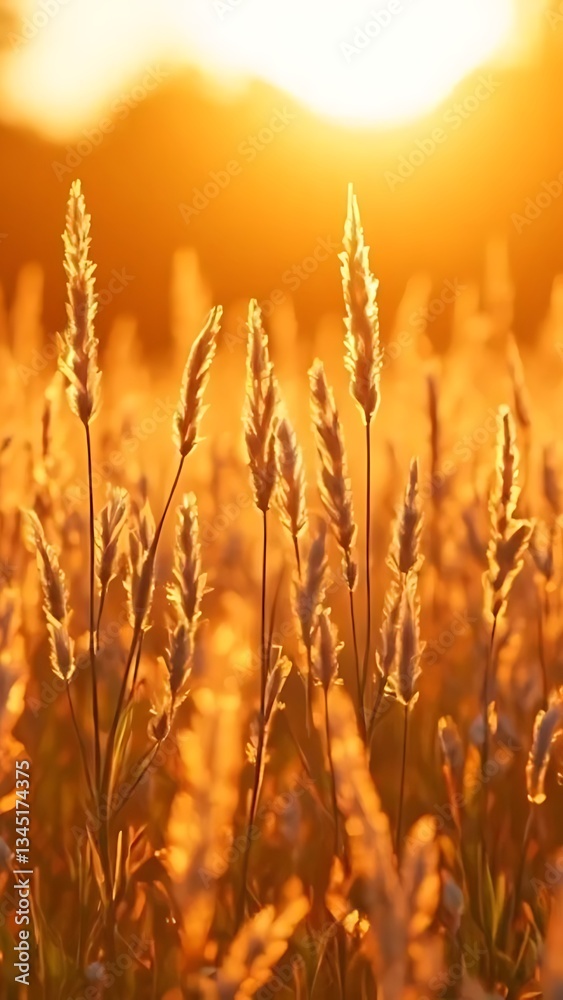 Fototapeta premium Golden Hour Grassland: Sunset Serenity