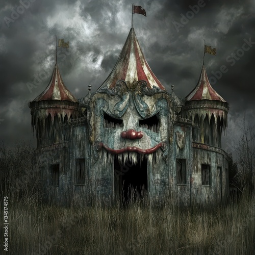 A dilapidated clown themed building against a stormy overcast sky