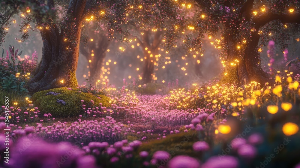 Naklejka premium Enchanted forest pathway with glowing lights, vibrant flowers, and magical ambiance under a twilight sky
