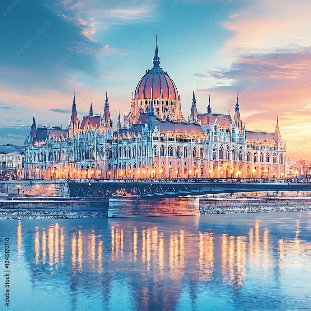 Fototapeta premium Budapest Parliament Sunrise Reflection.