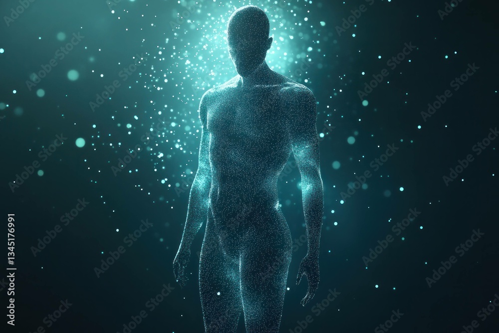 Abstract silhouette of a glowing human figure surrounded by particles, representing energy, light, and the essence of life in a mystical atmosphere Abstract silhouette of a glowing human figure surrounded by particles, representing energy, light, and the essence of life in a mystical atmosphere