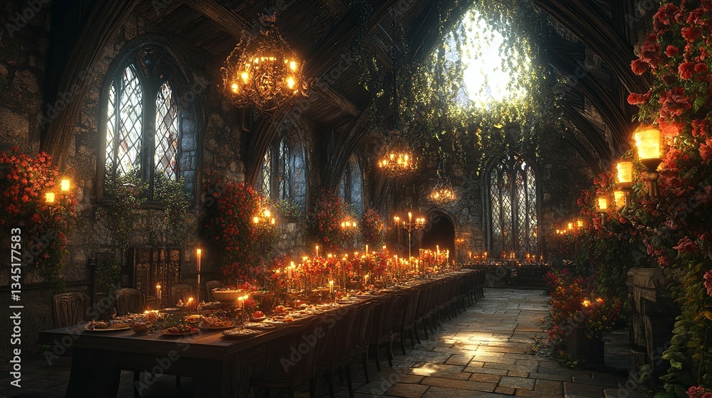 Fototapeta premium A Medieval Feast Set In A Beautiful Illuminated Banquet Hall