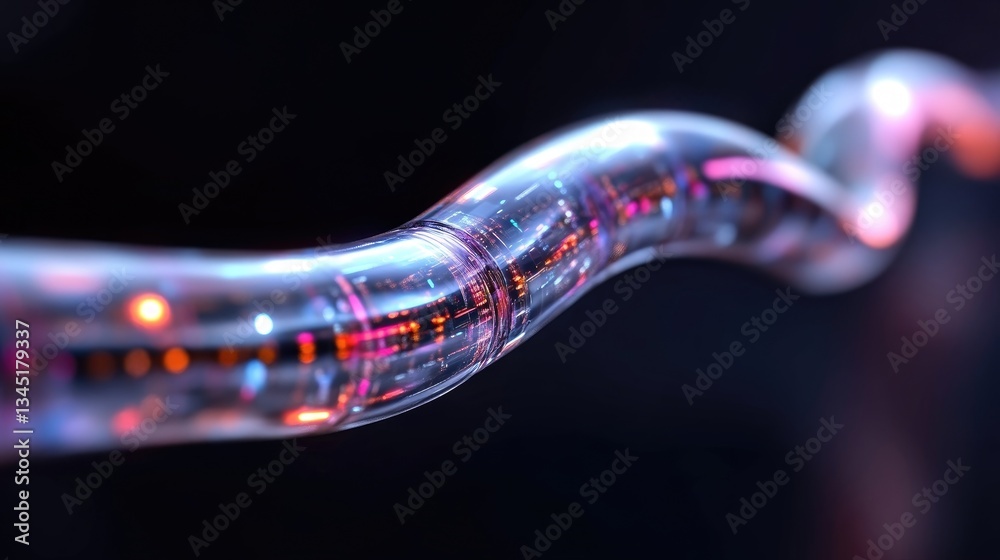 Abstract futuristic data pipeline. A glowing, transparent tube, shaped like a ribbon, shows glowing components inside