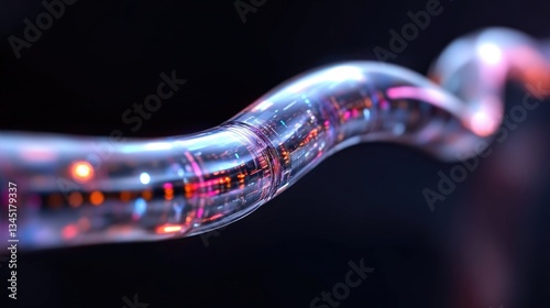 Abstract futuristic data pipeline.  A glowing, transparent tube, shaped like a ribbon, shows glowing components inside