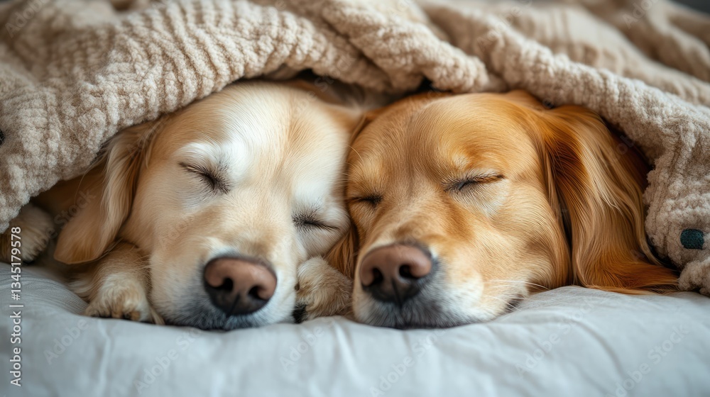 Two golden retrievers sleeping peacefully under a cozy blanket, creating a warm and serene atmosphere in a home setting Two golden retrievers sleeping peacefully under a cozy blanket, creating a warm and serene atmosphere in a home setting