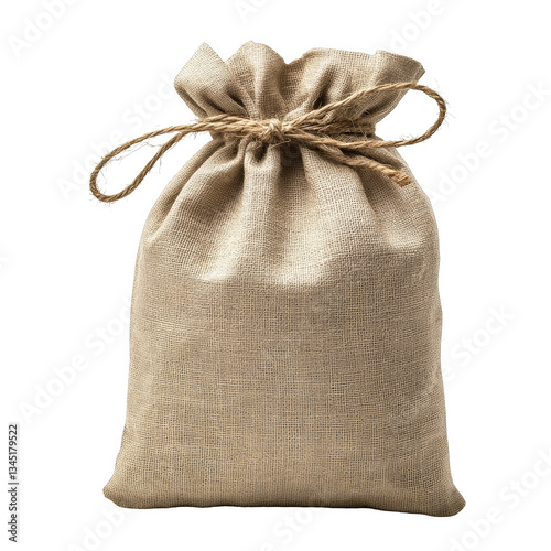 A small linen bag with jute ties, on a transparent background