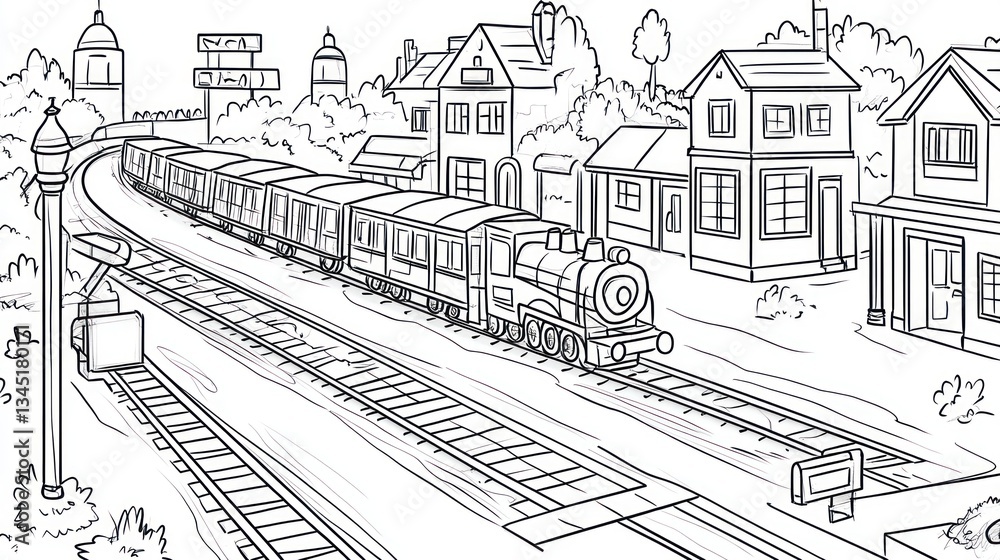Naklejka premium Train in a charming town coloring page