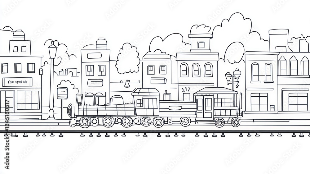 Cartoon train on city street background, illustration for coloring book Cartoon train on city street background, illustration for coloring book