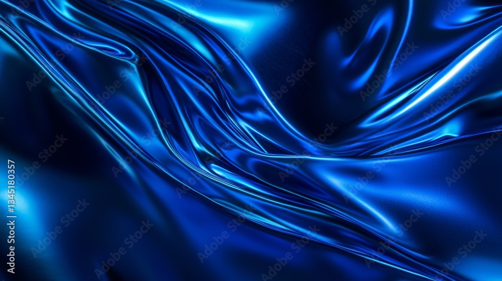 Fototapeta premium Luxurious blue silk fabric flowing and shimmering, creating an elegant backdrop with soft folds and highlights. The smooth texture enhances the dynamic, fluid appearance, embodying sophistication