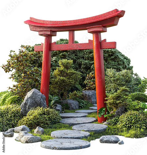Vibrant Red Torii Gate Surrounded by Lush Greenery and Stones