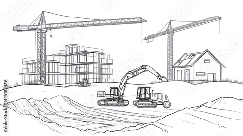 Construction site blueprint, cranes, excavators, residential building photo
