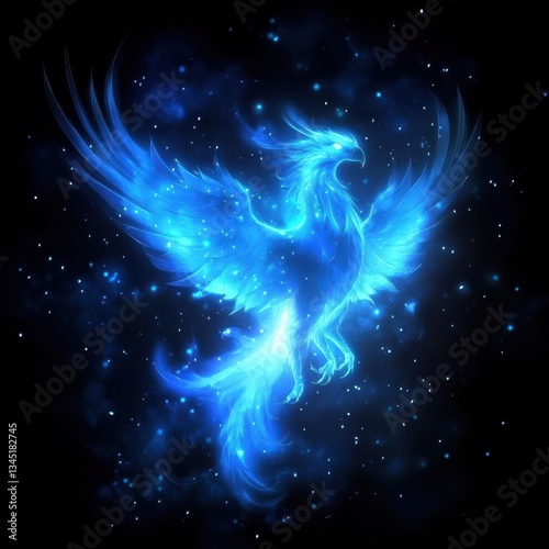 A majestic glowing blue phoenix with outstretched wings in the night