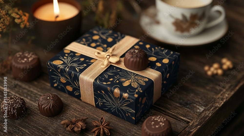 Fototapeta premium Gift box with chocolates, candle, and tea on wooden tray.