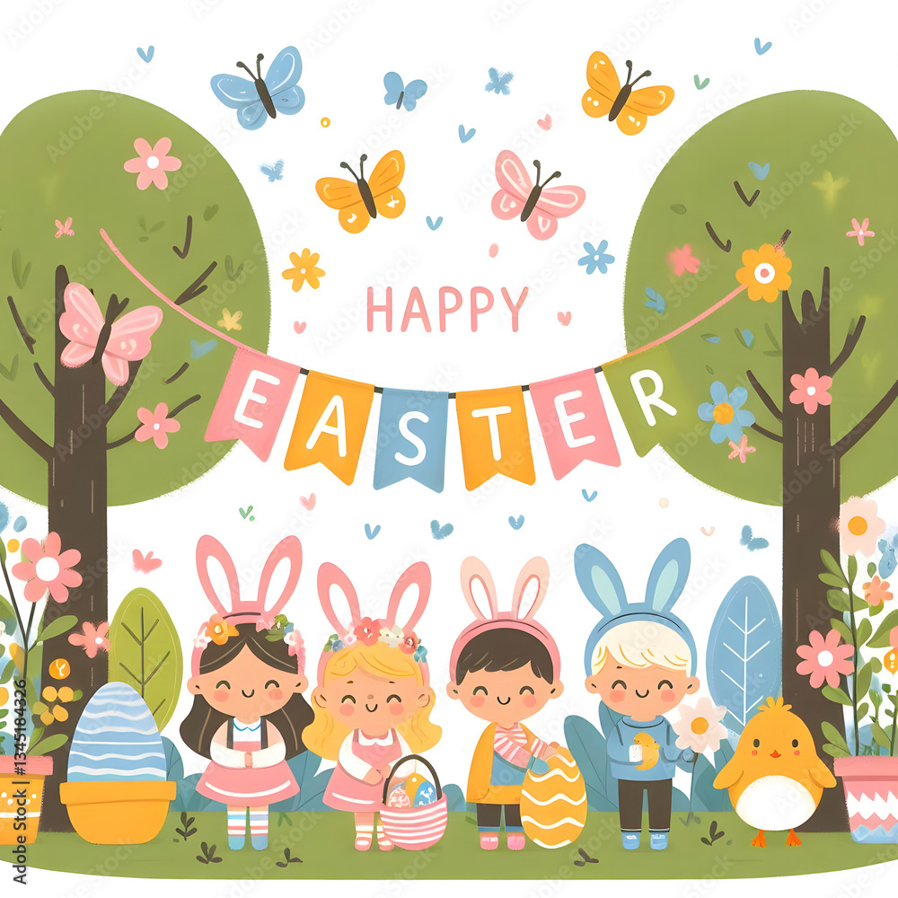 Fototapeta premium Easter Garden Illustration, Children Egg Hunt with Bunny Suits and Chicks, Kid-Friendly Easter Egg Hunt Clipart, bunny costumes, Pastel Garden Illustration with Children and Chicks. Generative ai