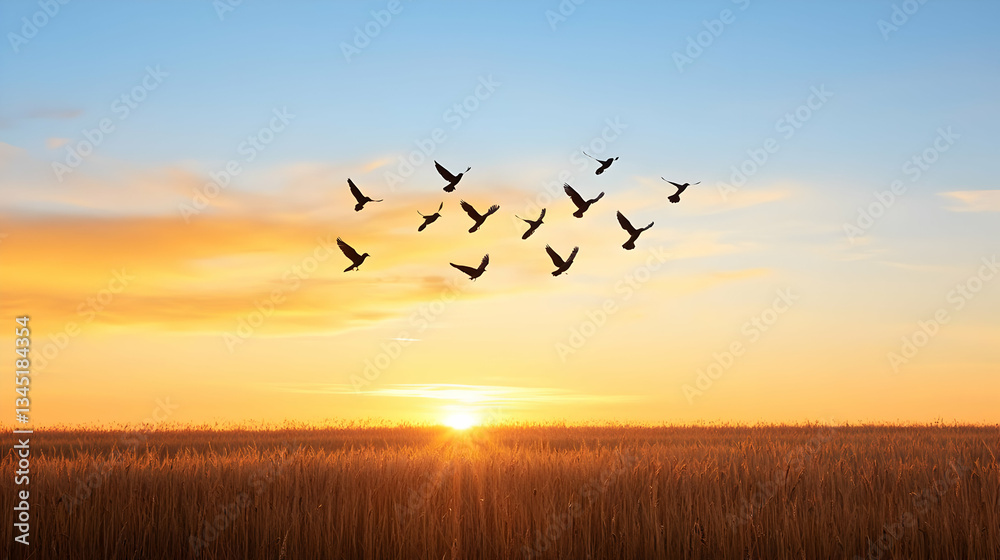 Birds In Flight During Golden Sunset Over Field Birds In Flight During Golden Sunset Over Field