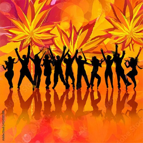 dancing people silhouettes with cannabis leaves