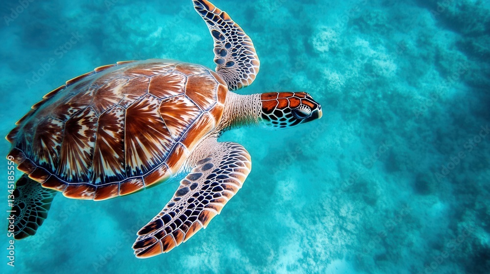Obraz premium A Sea Turtle Is Swimming Gracefully Through Clear Ocean Waters