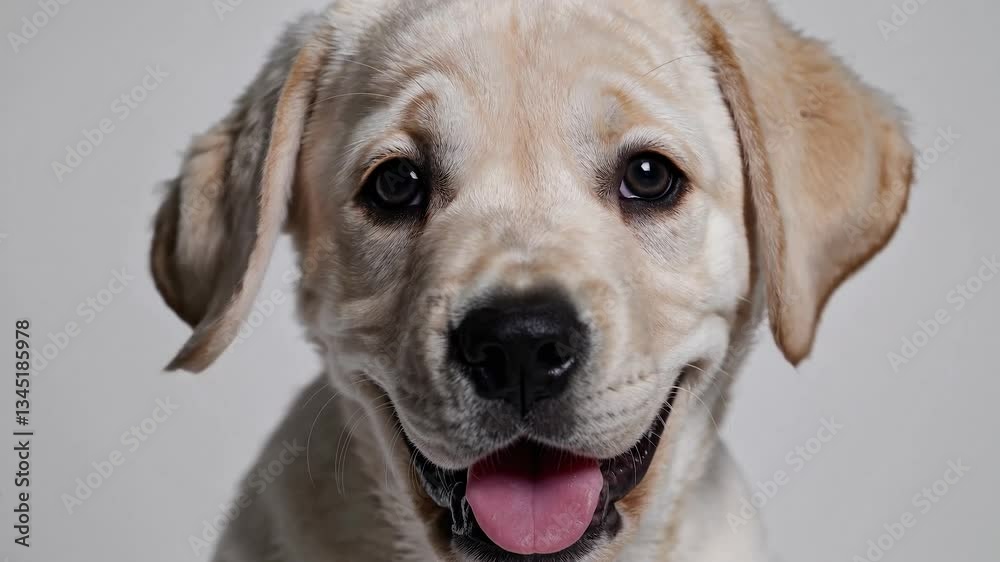 Close-up of a cute golden labrador retriever puppy looking directly at the viewer with innocent, sad eyes, conveying a sense of vulnerability and tenderness against a simple gray backdrop