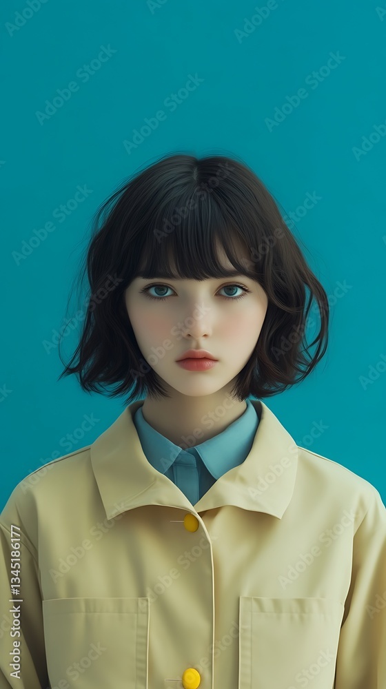 Blue backdrop portrait for young woman, bob haircut. Blue backdrop portrait for young woman, bob haircut.
