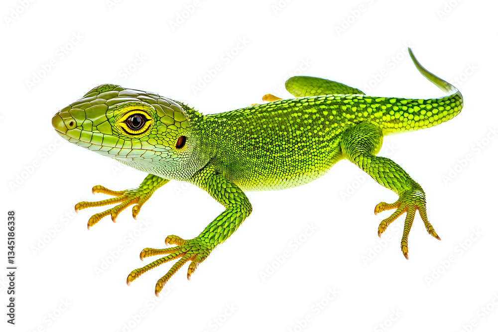Fototapeta premium Vibrant green lizard exhibiting intricate scales on a white background