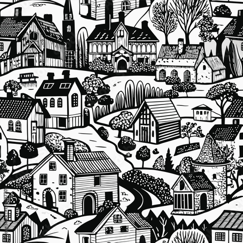 Hand Drawn Black and White Vector Illustration of a Detailed Country House with Intricate Facade