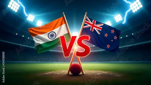 India vs New Zealand Cricket Match – Stadium Battle with National Flags