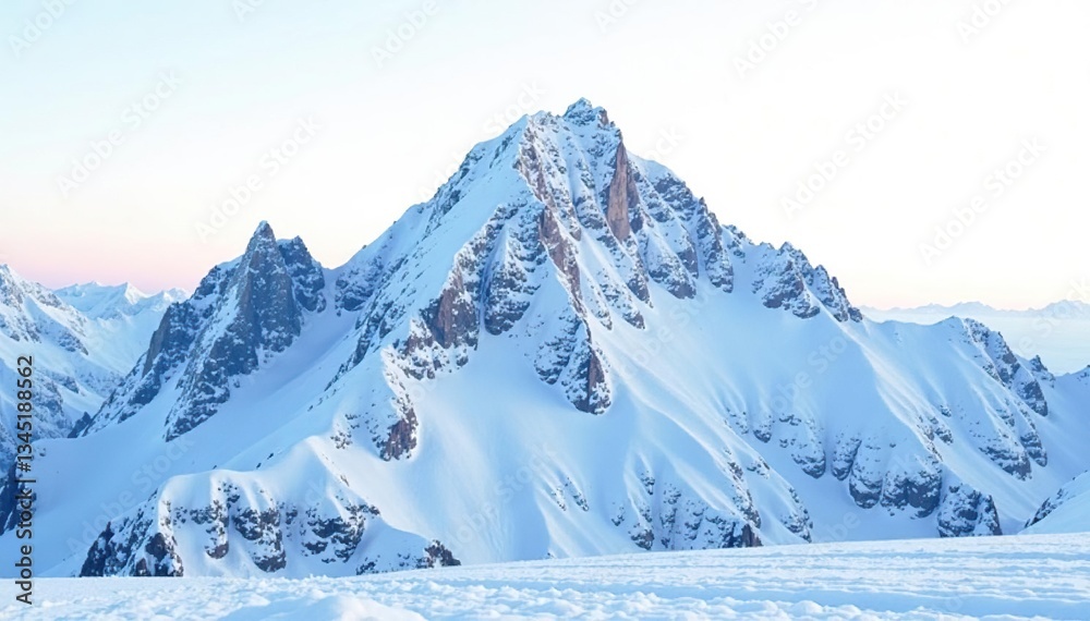 Fototapeta premium Snow-covered mountain peak, pristine white landscape, monochrome, nature photography, glacial