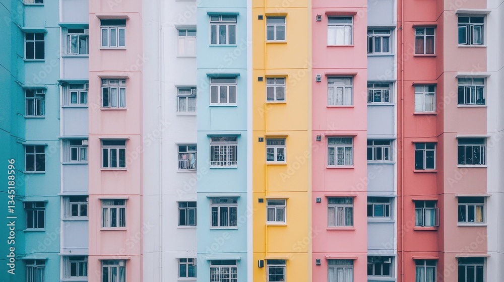 A colorful facade of a modern apartment building showcasing pastel hues and uniform window designs. A colorful facade of a modern apartment building showcasing pastel hues and uniform window designs.
