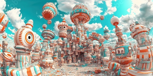An imaginary cityscape populated with unusual floating colorful structures