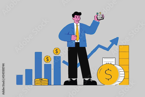  Financial planning and strategy development, Businessman is looking for marketing strategy to increase sales to develop business, Profitable business - Businessman running up stair made of money, 