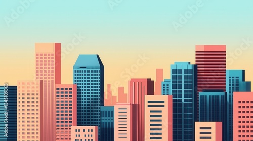 A vibrant city skyline featuring a variety of modern buildings in pastel colors against a gradient sky.