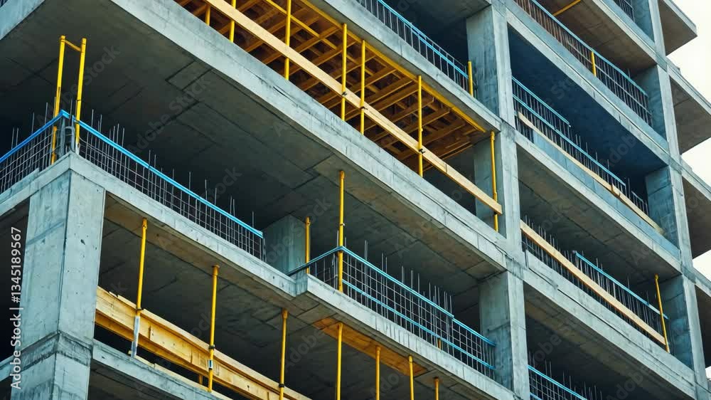 Construction process of a modern building structure in an urban area with scaffolding viewed from below Construction process of a modern building structure in an urban area with scaffolding viewed from below