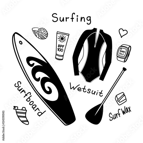 Surfing equipment set. Surfing suit, surfboard, paddle, wax. Isolated elements on white background. Hand drawn. Vector illustration.