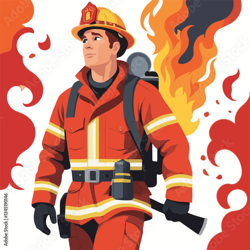 fireman, emergency, firefighter, safety, danger, fire, rescue, man, fighter, helmet, uniform, protection, red, service, equipment, background, hose, flame, extinguisher, burn, hero, job, water, work, 