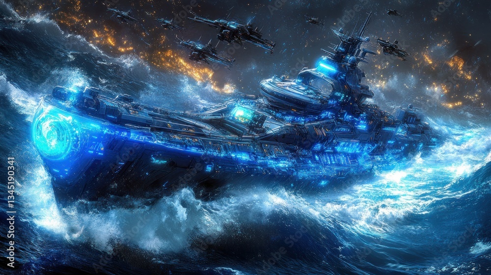 custom made wallpaper toronto digitalFuturistic warship in a turbulent ocean battle. A massive, sleek vessel navigates a stormy sea, lit by vibrant blue energy. Warplanes swarm overhead amid fiery explosions
