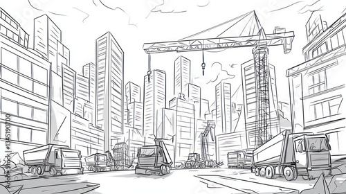 Cityscape Under Construction, Sketch, Trucks, Cranes, Skyline, Background photo
