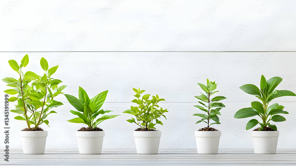 Fototapeta premium Five Potted Green Plants In White Pots On White Wooden Surface Indoor Lighting