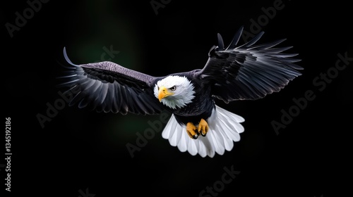 Majestic Bald Eagle in Flight Against Dark Background