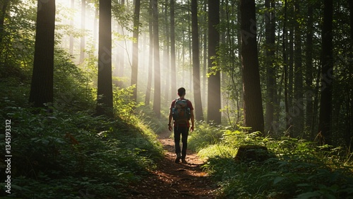 Man Hiking Through a Sunlit Forest Path, Exploring Nature