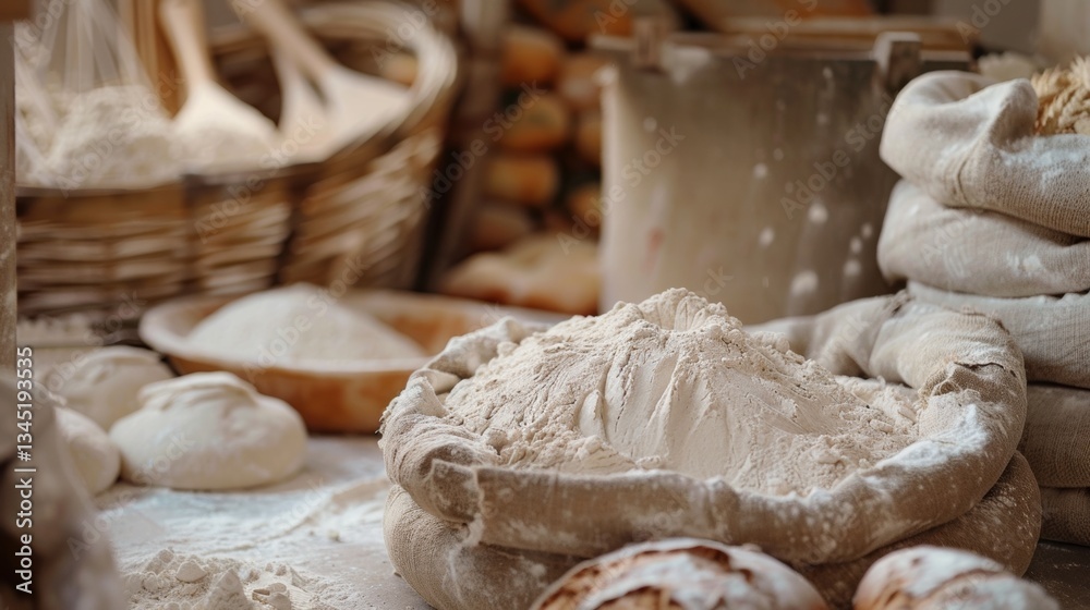 Fototapeta premium Experience the art of bread making with flour sacks and fresh dough in a rustic baking environment Generative AI