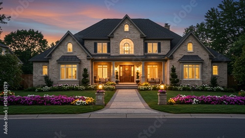 Luxury Home Exterior Photography Elegant Two-Story House at Dusk