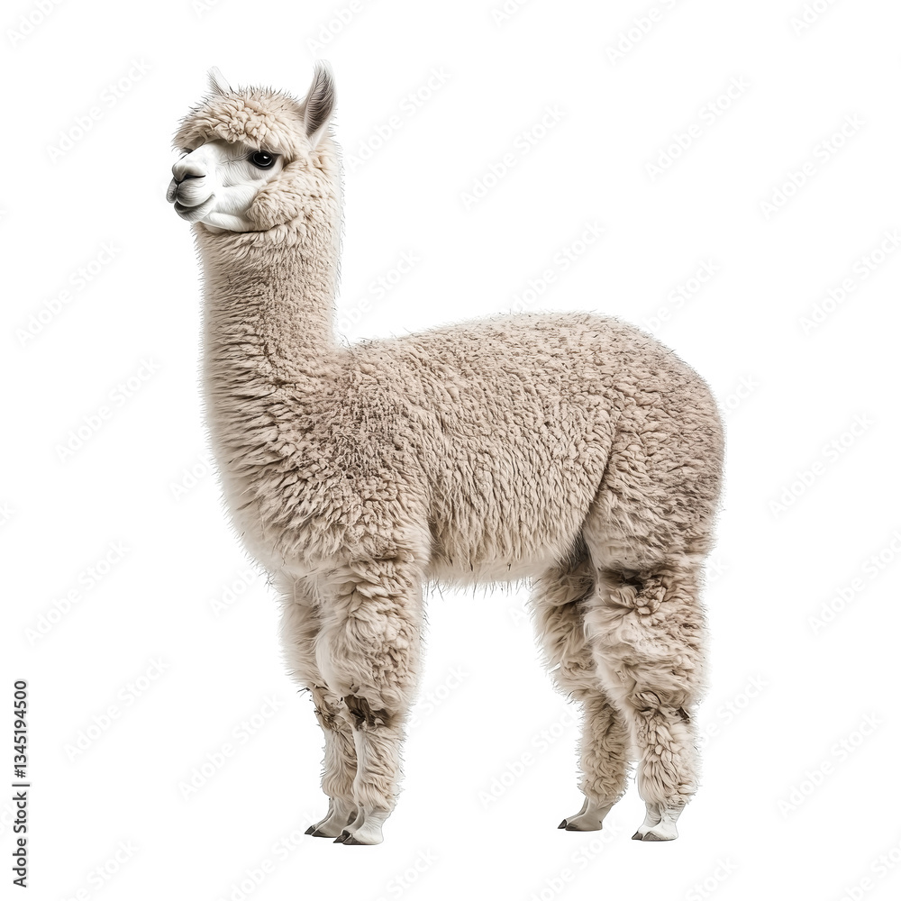 Fototapeta premium Charming llama with fluffy fur, on a transparent background