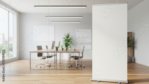 Modern Office Interior with Blank Roll Up Banner for Presentation