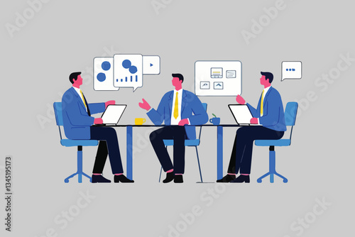 Business Meeting: Three Men Discussing Data, Analysis and Collaboration Concept. 