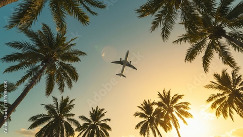 Airplane Flying Over Palm Trees at Sunset