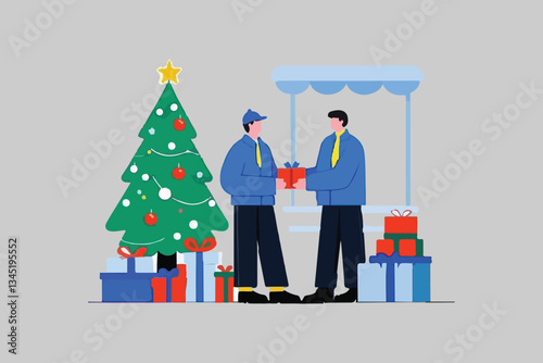 Christmas Gift Exchange: Two Men, Holiday Celebration and Festive Spirit Concept. 