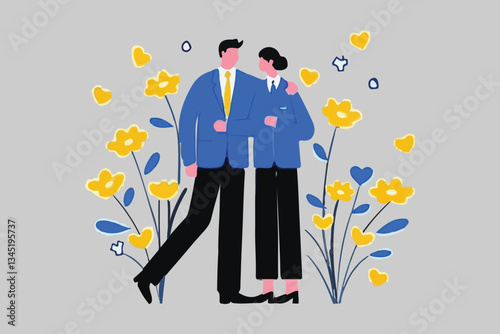 Romantic Embrace: Couple with Flowers, Love and Affection, Relationship Concept. 